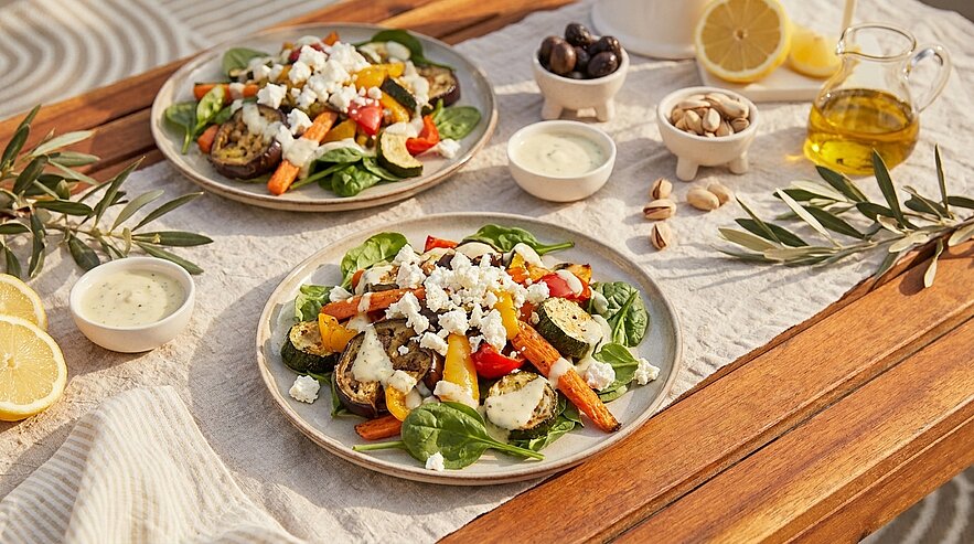 Zwei Teller mediterraner Salat mit Babyspinat, gegrilltem Gemüse (Zucchini, Paprika, Karotten), zerbröseltem Feta, Zitronenscheiben, Oliven, Olivenöl und Dressing auf einem Holztisch.