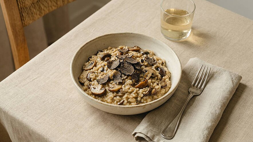 Ein Teller Risotto mit Pilzen und Trüffeln, dekorativ angerichtet, steht auf einem Tisch mit einer neutralen Tischdecke. Daneben befindet sich ein Glas Weißwein und eine Gabel auf einem Serviettenstück.