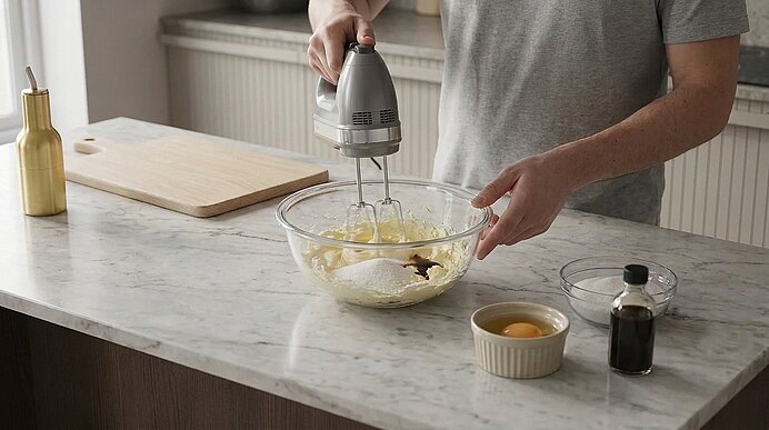 Person rührt mit elektrischem Handmixer in einer Glasschüssel Teig; daneben Schale mit Eiern und Fläschchen Vanille.