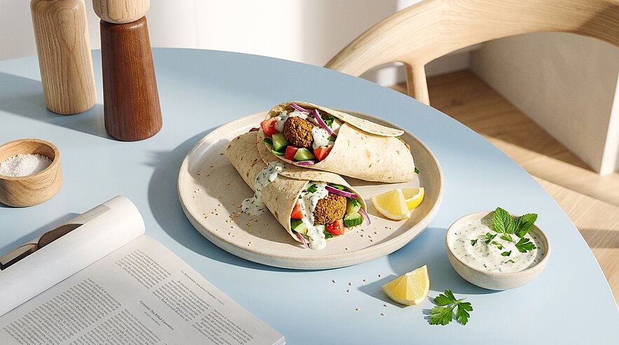 Zwei Falafel-Wraps auf einem Teller, gefüllt mit Salat, Tomaten und Joghurtdip; dazu Zitronenspalten und eine kleine Schale Kräuter-Joghurt mit Petersilie.