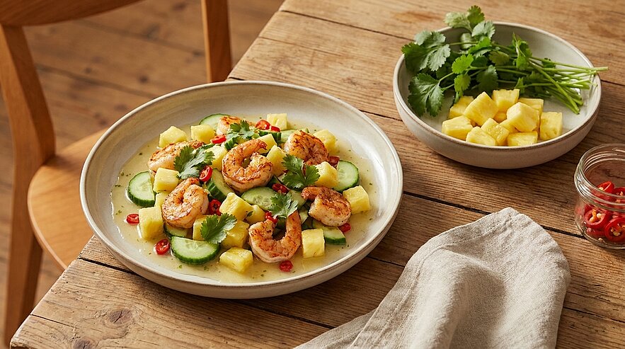 Teller mit gebratenen Garnelen auf Salat aus Ananaswürfeln, Gurkenscheiben, frischem Koriander und roten Chilistücken.