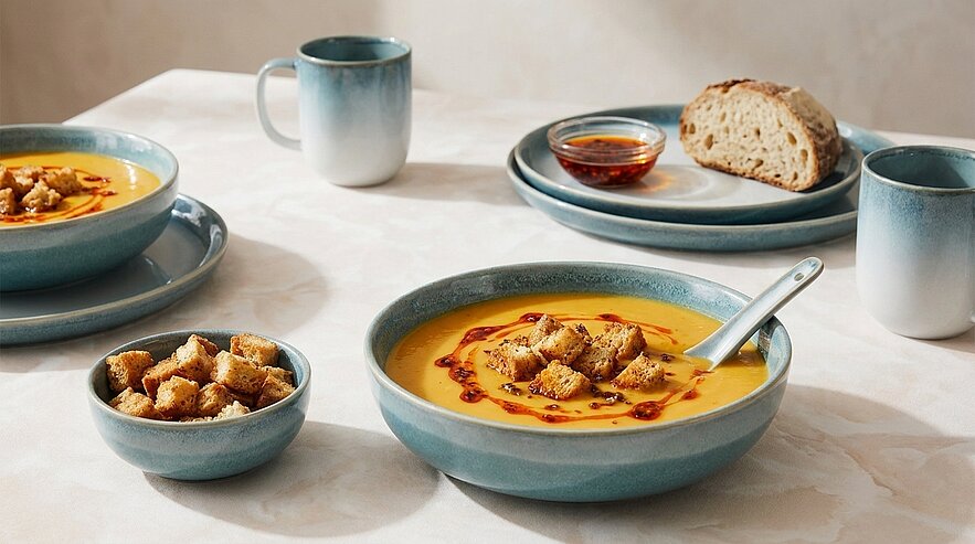 Drei blaue Schalen mit cremiger Suppe, vorn eine mit Croutons und Löffel; eine kleine Schale mit extra Croutons, ein Teller mit Brot und Dip sowie zwei passende Tassen.
