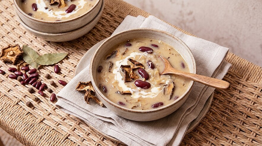 Schüssel mit cremiger Suppe, roten Bohnen und Pilzstreifen, garniert mit Sahne, dazu Holzlöffel auf gefalteter Leinenserviette.
