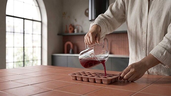 Eine Person gießt aus einem Glaskrug rote Flüssigkeit in eine Eiswürfelschale auf einer Küchenarbeitsplatte.