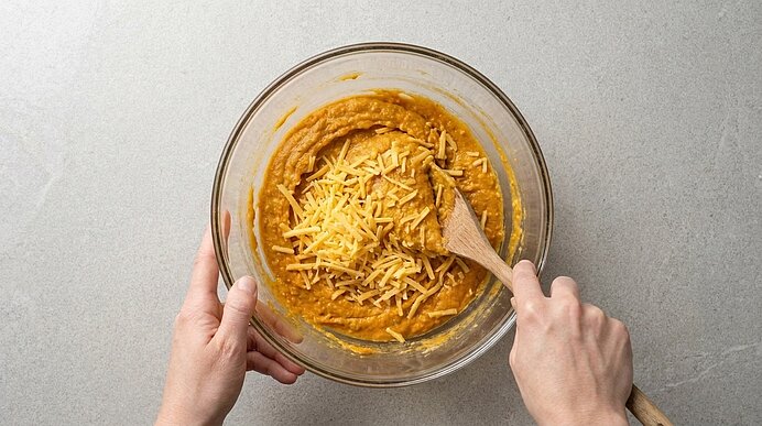Zwei Hände rühren mit einem Holzlöffel in einer gläsernen Schüssel eine orangefarbene Teigmasse, in die frisch geriebener Käse untergehoben wird.