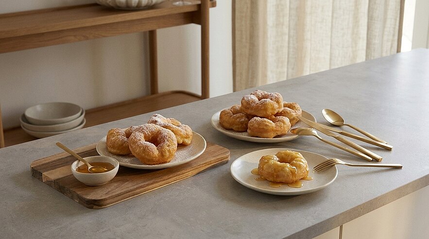 Auf der Küchenplatte liegen verschiedene Gebäckstücke, darunter einige kreisförmige Donuts, die mit Puderzucker bestäubt sind. Dazu gibt es eine kleine Schale mit Honig und mehrere Löffel. Die Atmosphäre wirkt einladend und gemütlich.