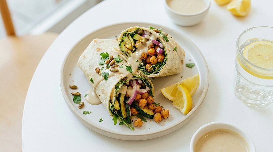 Zwei halbierte Wraps auf einem Teller, gefüllt mit gerösteten Kichererbsen, Blattspinat, roten Zwiebeln, Joghurtsauce, Kürbiskernen und Zitronenscheiben.