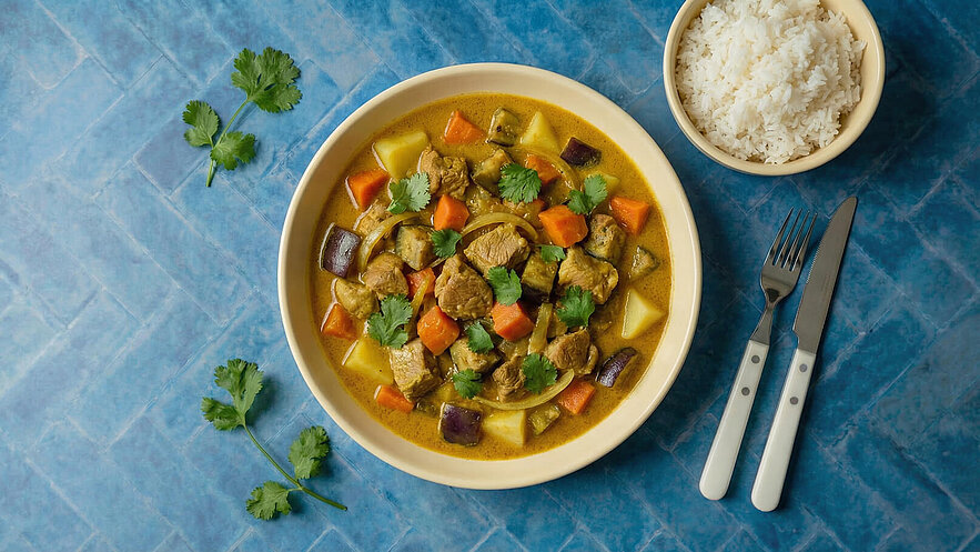 Ein Teller mit Curry, der Stücke von Fleisch und buntem Gemüse wie Karotten, Kartoffeln und Auberginen enthält, ist mit frischem Koriander garniert. Neben dem Teller befindet sich eine Schale mit weißen Reis. Der Hintergrund ist blau.