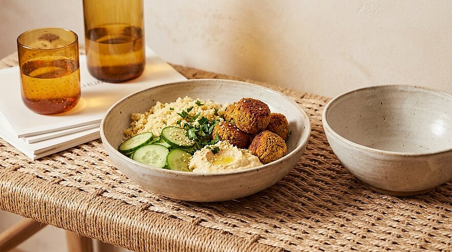 Schüssel mit Falafelbällchen, Hummus, Couscous, frischen Gurkenscheiben und gehackten Kräutern.