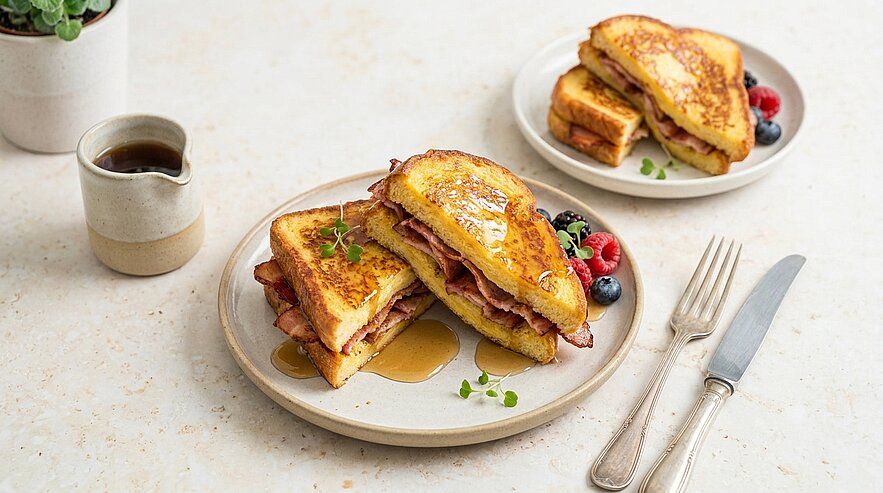 Zwei Teller mit goldbraun gebratenen, dreieckig geschnittenen French‑Toast‑Sandwiches, gefüllt mit Schinken und Käse, mit Ahornsirup und frischen Beeren garniert.