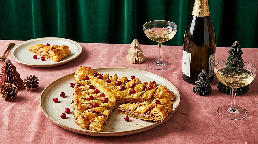 Weihnachtliche Blätterteig-Tarte in Tannenbaumform, gefüllt und mit Preiselbeeren garniert, auf einem großen Teller serviert.