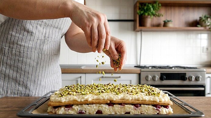 Hände streuen gehackte Pistazien über einen mehrschichtigen Blätterteigkuchen mit Creme und Fruchtfüllung auf einem Backblech.