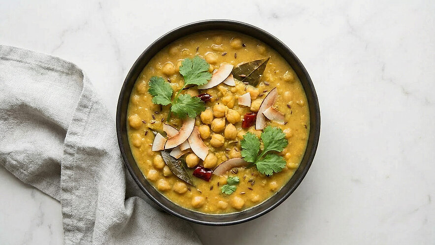 Ein dunkler Schalen voller gelber Linsensuppe, garniert mit Korianderblättern, Kokosnussstücken und Gewürzen. Daneben liegt ein graues Küchentuch. Die Suppe hat eine cremige Konsistenz und zeigt verschiedene Texturen durch die Zutaten.