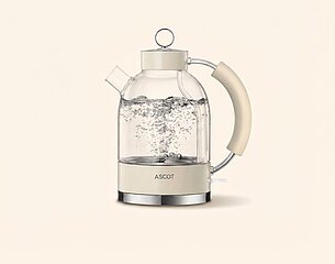 Ein transparenter Wasserkocher mit einer beige-farbenen Griffe, der Wasser kocht. Die Blasen im kochenden Wasser sind sichtbar. Der Kessel hat eine runde Form mit einem klaren Deckel und einem Ausguss. Die Marke „ASCOT“ ist am unteren Teil des Geräts zu sehen.