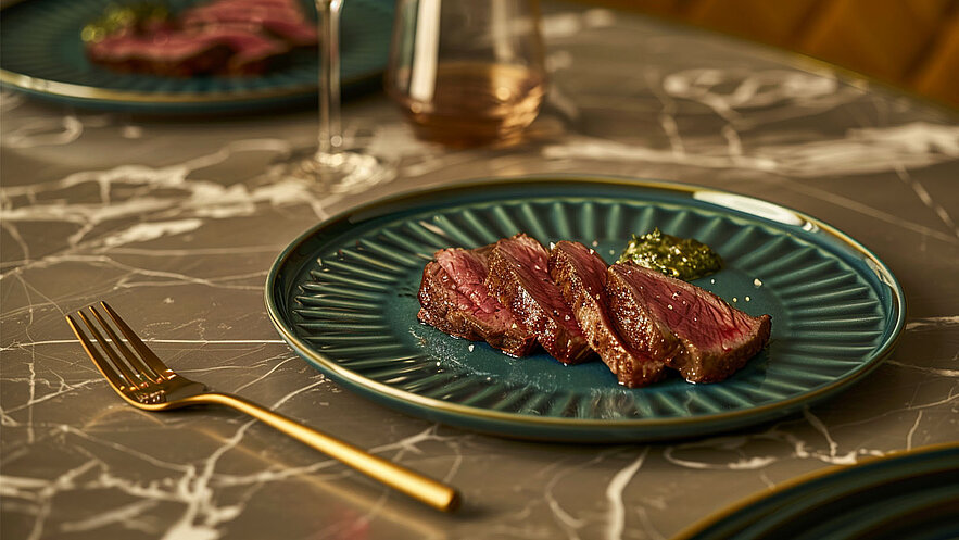 Ein dunkelgrüner Teller mit mehreren Scheiben zartem, saftigem Fleisch ist angerichtet. Daneben befindet sich ein Klecks grüner Sauce. Im Hintergrund sind ein goldener Besteck und ein Glas sichtbar. Der Tisch hat eine marmorierte Oberfläche.