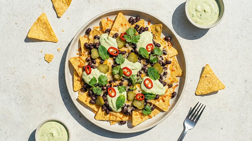 Teller mit Nachos: Tortilla‑Chips belegt mit schwarzen Bohnen, grüner Avocado‑Creme, Koriander, roten Chiliringeln und Jalapeños; zwei kleine Schälchen Dip und eine Gabel neben dem Teller.