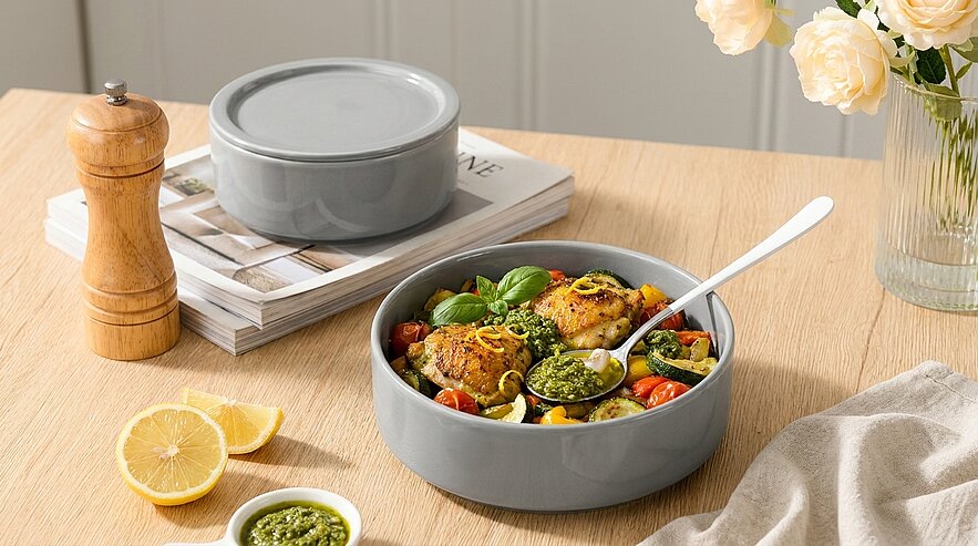 Schale mit gebratenen Hähnchenstücken, Kirschtomaten, Zucchini und frischem Basilikum, dazu Löffel mit grünem Pesto und Zitronenscheiben auf Holztisch.