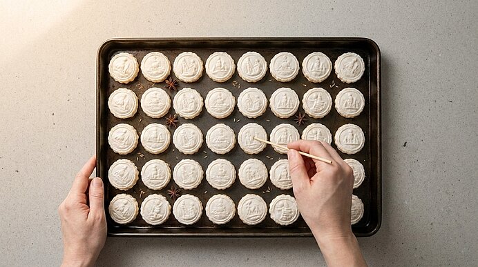 Zwei Hände arbeiten an einem Backblech mit 48 kleinen, runden Keksen oder Baiser, in Reihen angeordnet, alle mit weißer Zuckerglasur; die rechte Hand hält ein Stäbchen und zeichnet feine Muster auf die Glasur.