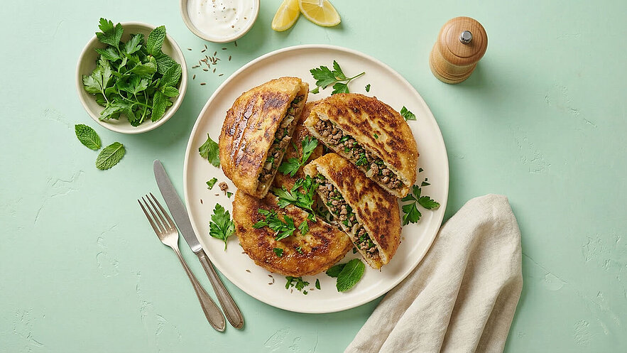 Ein Teller mit gefüllten, goldbraunen Fladenbroten, die halbiert sind und eine Füllung aus Hackfleisch und Kräutern zeigen. Daneben befinden sich frische Kräuter, ein Schälchen mit Joghurt und Zitronenscheiben. Der Hintergrund ist in sanften Minttönen gehalten.