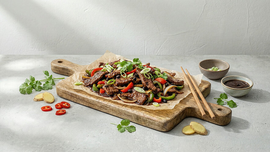Auf einem Holzbrett liegt eine Portion gebratenes Fleisch mit buntem Gemüse, garniert mit frischem Koriander und Frühlingszwiebeln. Neben dem Brett befinden sich zwei kleine Schalen mit Saucen und frischen Chilis sowie Ingwerscheiben. Essstäbchen liegen bereit zum Servieren.