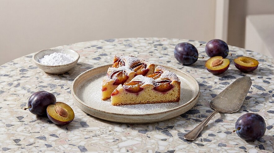 Auf einem marmorierten Tisch steht ein flacher, runder Kuchen mit Pflaumenstücken und Puderzucker. Neben dem Kuchen befinden sich eine kleine Schüssel mit Puderzucker und frische Pflaumen. Ein Kuchenheber liegt neben dem Teller.
