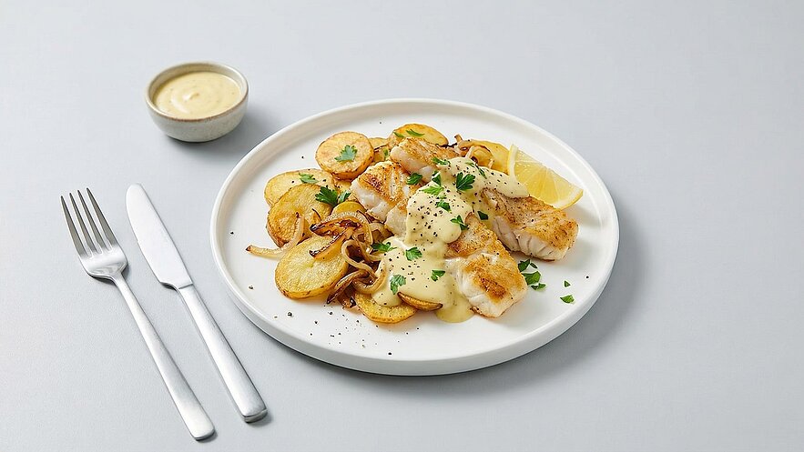 Ein Teller mit gebratenem Fischfilet, garniert mit einer cremigen Sauce und frischen Kräutern. Dazu sind goldene Bratkartoffeln und Zitronenscheiben angerichtet. Neben dem Teller steht eine kleine Schüssel mit einer hellen Sauce. Besteck liegt bereit.