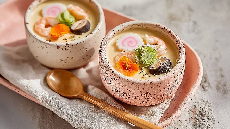 Zwei Schalen mit einer cremigen Suppe, garniert mit Garnelen, grünen Zwiebeln, pinken und schwarzen Röllchen sowie essbaren Blüten. Die Schalen stehen auf einem Teller, begleitet von einem Holzlöffel und einem etwas zerknitterten Stofftuch.