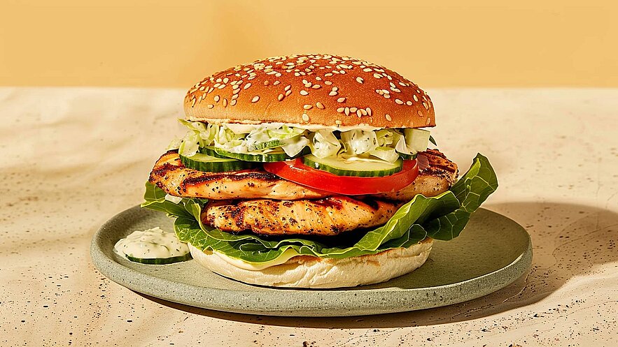 Ein saftiger Burger mit gegrilltem Hähnchenfleisch, frischem Salat, Tomaten- und Gurkenscheiben, garniert mit einer cremigen Sauce. Der Burger ist auf einem grauen Teller angerichtet und hat ein geröstetes Sesambrötchen.