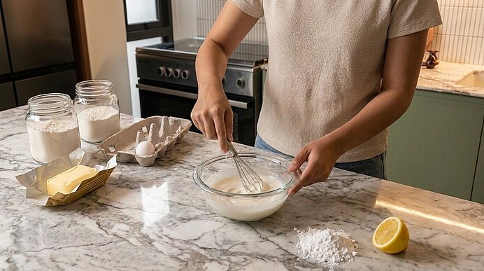 Person in Küche verquirlt Teig in Glasschüssel; Butter, Eier, Mehl, Puderzucker und halbe Zitrone auf Marmorarbeitsfläche.