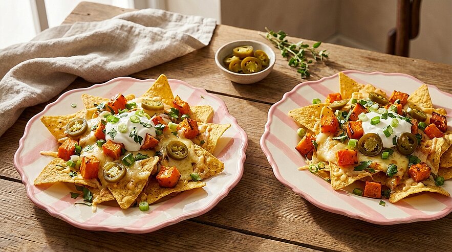 Zwei Teller mit Nachos: Tortillachips bedeckt mit geschmolzenem Käse, saurer Sahne, Jalapeños, gewürfelten gerösteten Süßkartoffeln und gehackten Frühlingszwiebeln.