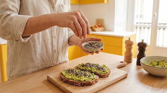 Hände einer Person streuen Saaten aus einer kleinen Schale auf drei mit Avocadocreme bestrichene Brotscheiben auf einem Holzbrett in einer hellen Küche.