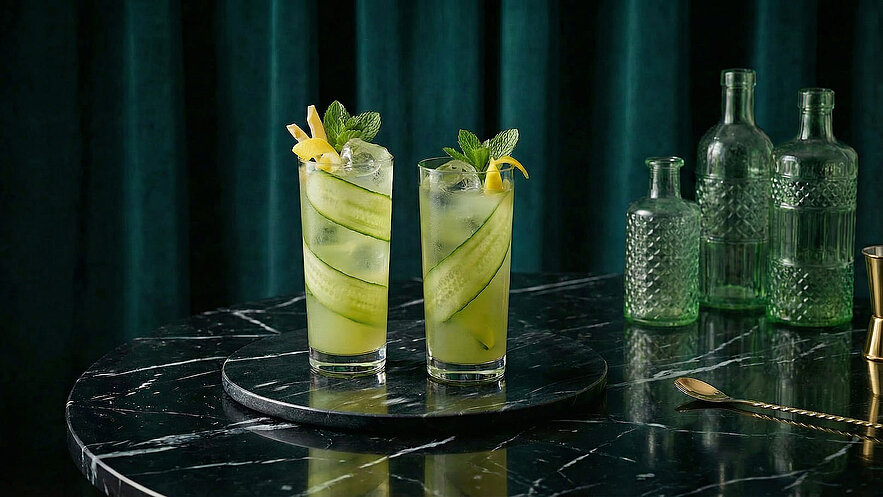 Zwei hohe Cocktails in Gläsern, gefüllt mit einer klaren Flüssigkeit, eisgekühlt und garniert mit Gurkenscheiben, frischen Minzblättern und Zitronenscheiben, stehen auf einem dunklen Marmortisch. Im Hintergrund sind dekorative grüne Flaschen sichtbar.