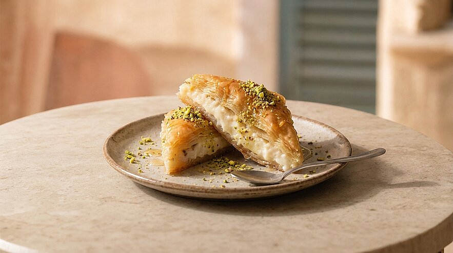 Ein Stück Baklava liegt auf einem flachen Teller. Die Süßspeise ist mit gehackten Pistazien bestreut und hat eine goldene, knusprige Oberfläche. Ein Löffel liegt neben dem Teller auf einem Tisch aus hellem Stein.