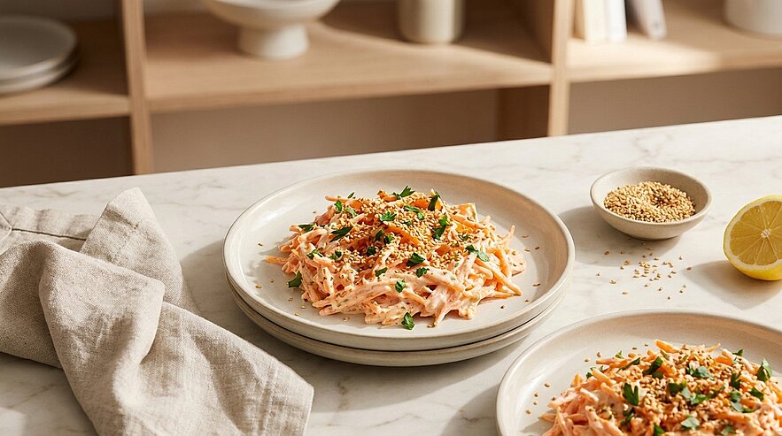 Zwei Teller cremiger Krautsalat mit geraspelten Möhren, Kräutern und Sesam bestreut auf Marmorplatte; daneben Zitronenhälfte und kleine Schale mit Sesam.