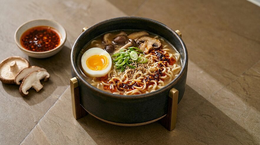 Schale dampfender Ramen mit Brühe, Nudeln, halbiertem weichgekochtem Ei, Pilzen, Frühlingszwiebeln und Chili-Öl.