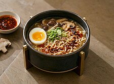 Image of Ramen mit Ei, Pilzen und Chili Öl