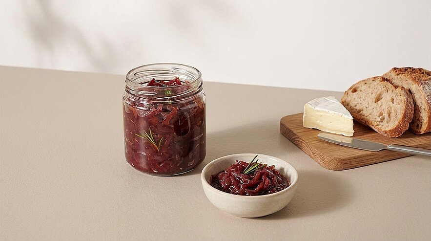 Ein Glas und eine kleine Schale mit roter Zwiebelmarmelade, garniert mit Rosmarin, daneben ein Holzbrett mit einem Stück Weichkäse und mehreren Brotscheiben.