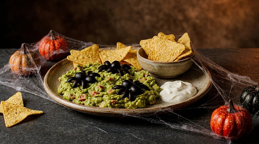 Teller mit Guacamole, dekoriert mit schwarzen Oliven als Spinnen, dazu Tortilla‑Chips und ein weißer Dip.