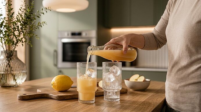 Hand gießt Orangensaft aus einer Glasflasche in ein Glas mit Eiswürfeln auf einer Küchenarbeitsplatte; daneben liegen eine Zitrone auf einem Brett und eine Schale mit Apfelscheiben.