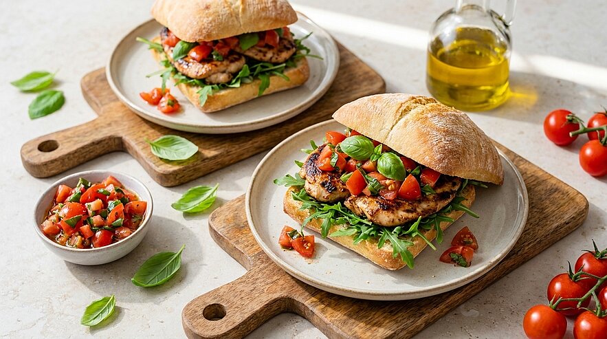 Zwei Ciabatta-Sandwiches mit gegrilltem Hähnchen, Rucola und würziger Tomaten‑Basilikum‑Salsa, angerichtet auf Tellern auf Holzbrettchen.