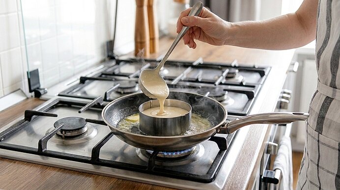 Hand mit Schöpfkelle gießt Pfannkuchenteig in einen runden Metallring in einer Pfanne auf einem Gasherd.