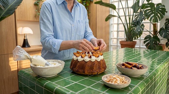 Person dekoriert einen Gugelhupf mit Sahne und Pflaumen auf einer grünen, gekachelten Arbeitsfläche; neben der Torte liegen ein Spritzbeutel, eine Schale mit Pflaumenstücken und eine Schale mit Mandelblättchen.