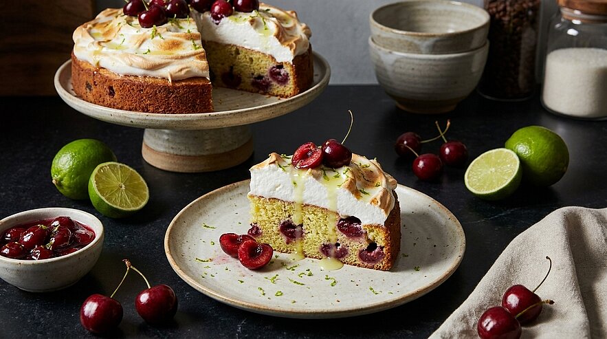 Scheibe Kirsch-Limettenkuchen mit weißem Baiser-Topping, Limettenzesten und ganzen Kirschen auf einem Teller; im Hintergrund der restliche Kuchen auf einer Tortenplatte.