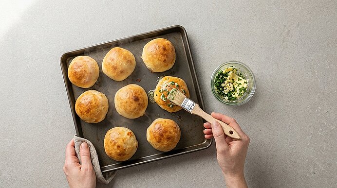 Zwei Hände bestreichen frisch gebackene, goldbraune Pizzabrötchen auf einem Backblech mit Kräuterbutter.
