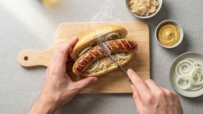 Hände schneiden eine gegrillte Bratwurst in einem Brötchen mit Sauerkraut und Zwiebeln auf einem Holzbrett; Senf in einem Schälchen daneben.