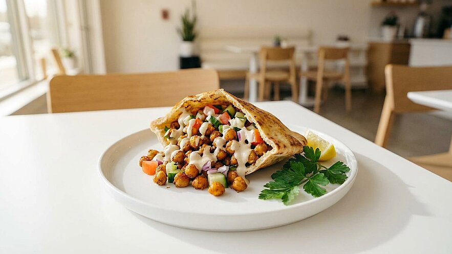 Ein gefülltes Fladenbrot mit Kichererbsen, frischem Gemüse, Saucen und einem Spritzer Zitrone, angerichtet auf einem weißen Teller. Daneben liegt ein Zweig frische Petersilie. Der Hintergrund zeigt eine gemütliche, helle Restaurantatmosphäre.