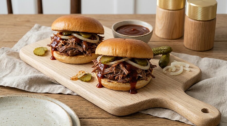 Zwei saftige Pulled-Pork-Burger auf einem Holzbrett. Die Burger sind mit Gurkenscheiben und Zwiebelringen belegt und leicht mit BBQ-Sauce überzogen. Daneben befinden sich einige eingelegte Gurken und eine Schüssel mit BBQ-Sauce. Im Hintergrund sind Gewürzstreuer sichtbar.