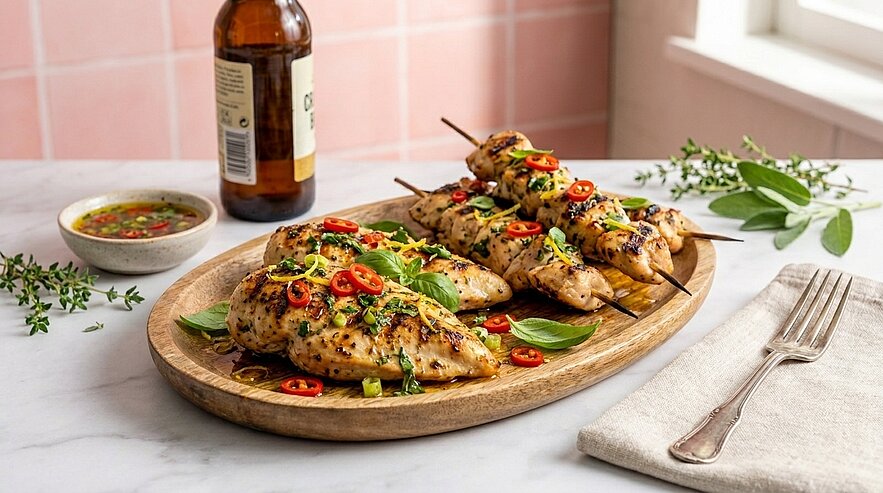 Ein Holzbrett mit grillierten Hähnchenbrustfilets, garniert mit frischen Kräutern und roten Chilischoten. Neben dem Brett steht eine Schüssel mit einer dipping Sauce. Im Hintergrund ist eine Flasche Bier zu sehen.