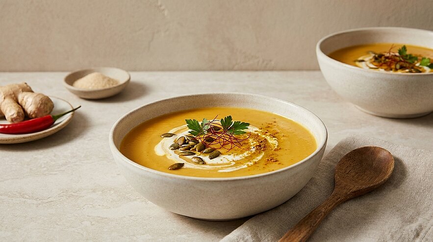 Zwei Schalen cremige Kürbissuppe, garniert mit Sahnewirbel, Kürbiskernen und Petersilie; ein Holzlöffel liegt neben einer Schale.