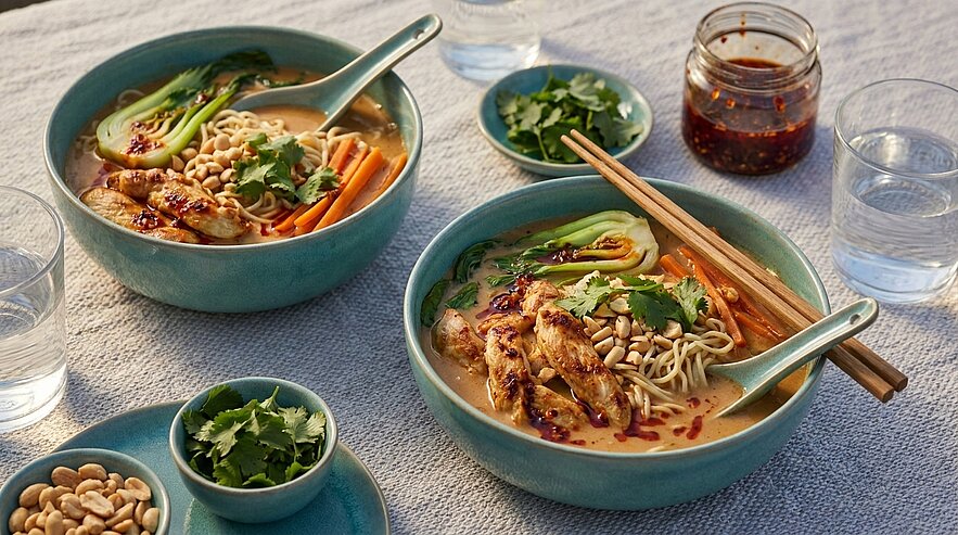 Zwei Schalen mit Nudelsuppe sind auf einem Tisch platziert. Die Suppe enthält Hähnchen, Gemüse, Erdnüsse und frischen Koriander. Daneben stehen kleiner Schalen mit Koriander und Erdnüssen sowie ein Glas mit einer scharfen Sauce. Im Hintergrund sind Gläser mit Wasser sichtbar.